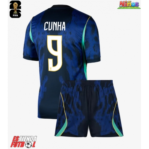 Brasil Matheus Cunha #9 Segunda Equipación Niños Mundial 2026 Manga Corta (+ Pantalones cortos)